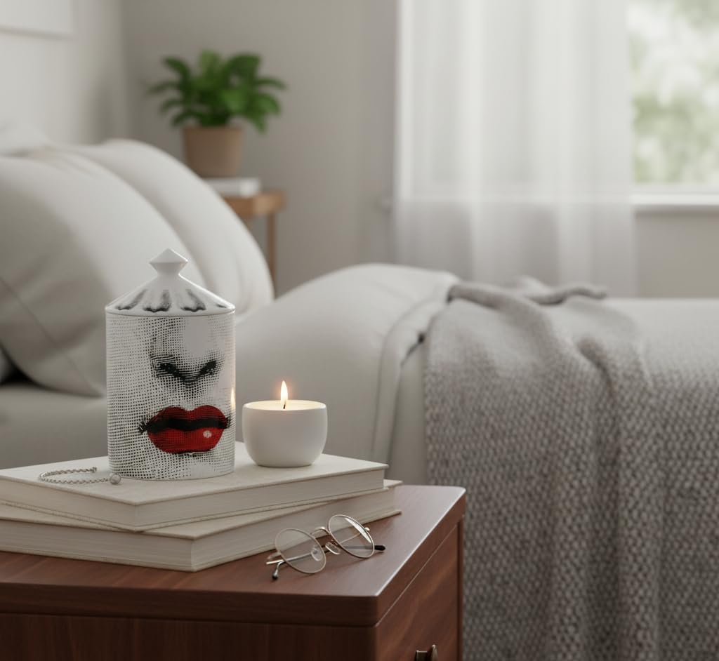 AlphaDesignLuxe Decorative Candle Holder Handcrafted Aromatherapy Candle Jar Italian Designer Décor Fashionable Tabletop Vase Modern Art Female Face Eyes Lips Centerpiece. (Red Lips)