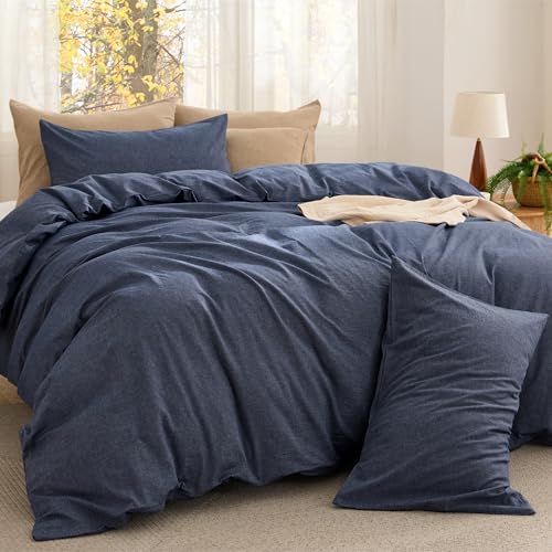Image of Bedsure Comforter Set Full Size - Cotton Fabric with Microfiber Inner Fill, Denim Blue PureWoven Soft Bed Set for All Seasons, 3 Pieces, 1 Comforter (82 inch x 86 inch) and 2 Pillow Cases (20 inch x 26 inch)