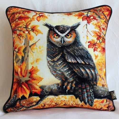 Coussin à point compté hibou pour décorer la chambre un projet diy broderie complet et relaxant