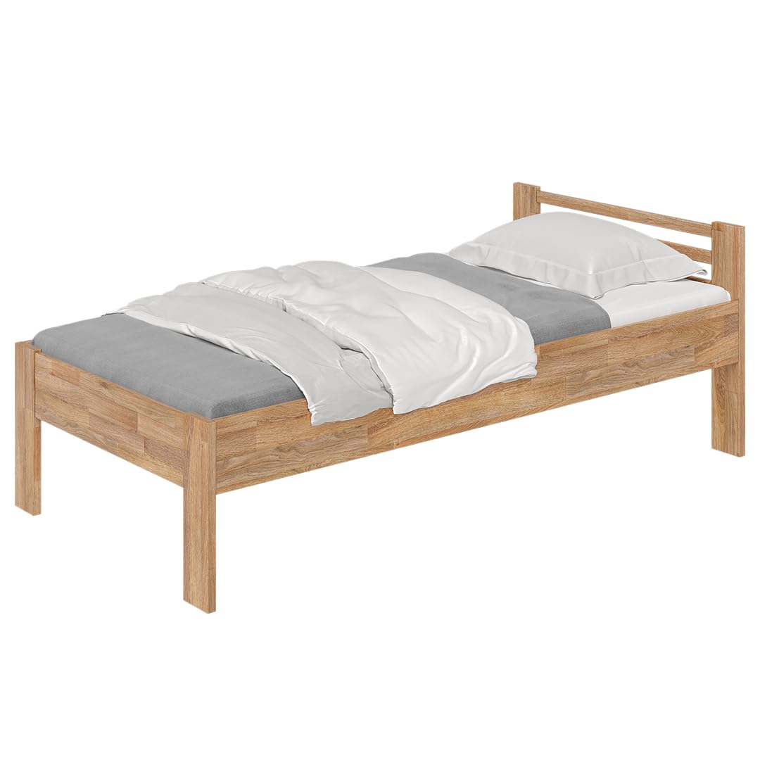 skølm Fenrir Massivholzbett 90x200 cm – Einzelbett aus massiver Eiche – Holzbett Natur geölt - Bettgestell 51cm hoch – Bettrahmen stabil aus Holz mit Bettkopfteil - Seniorenbett mit erhöhtem Einstieg