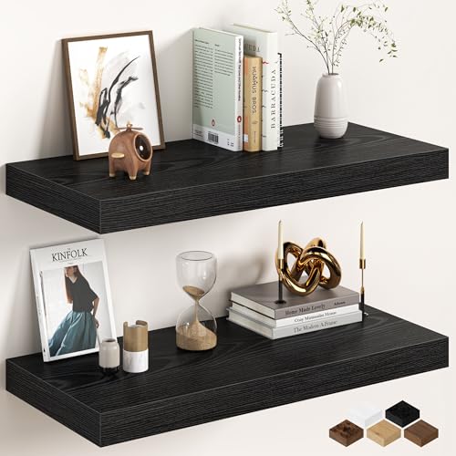 Image of 30Inch Black Floating Shelves for Wall, 12 Inch Deep Shelves for Bedroom, Kitchen, Bathroom Wall Mounted, Rustic Wood Floating Shelf with Invisible Brackets for Books, Storage, Decor, 2 Packs