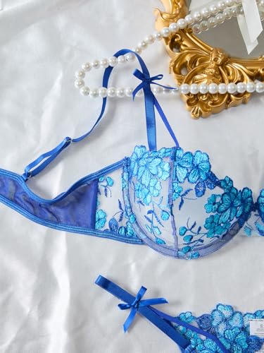 Image of Lilosy Sexy Underwire Cute Push Up Strappy Embroidered Mesh Sheer Lingerie Set See Through Panty Bra