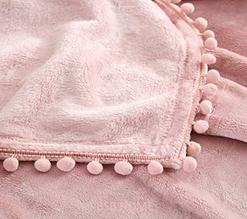 Image of BSB HOME Micro Mink All Season Solid 250 GSM Throw Size Blanket /Comforter /Dohar /Throw, Ultra Soft Cozy Blanket with Pompom Fringe (Pink, 150X115 cm)