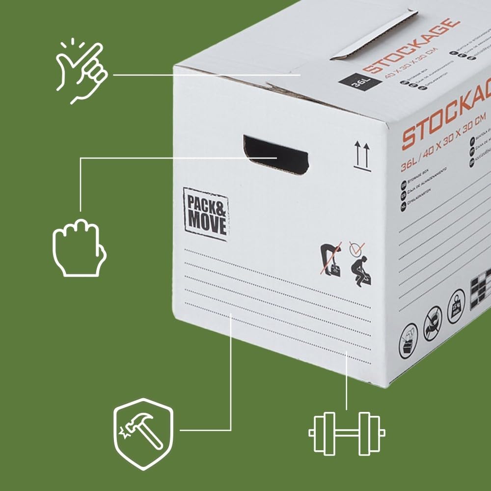 Pack and Move – Set mit 20 Aufbewahrungsboxen – 40 x 30 x 30 cm – verstärkte Griffe – 1 gratis Marker