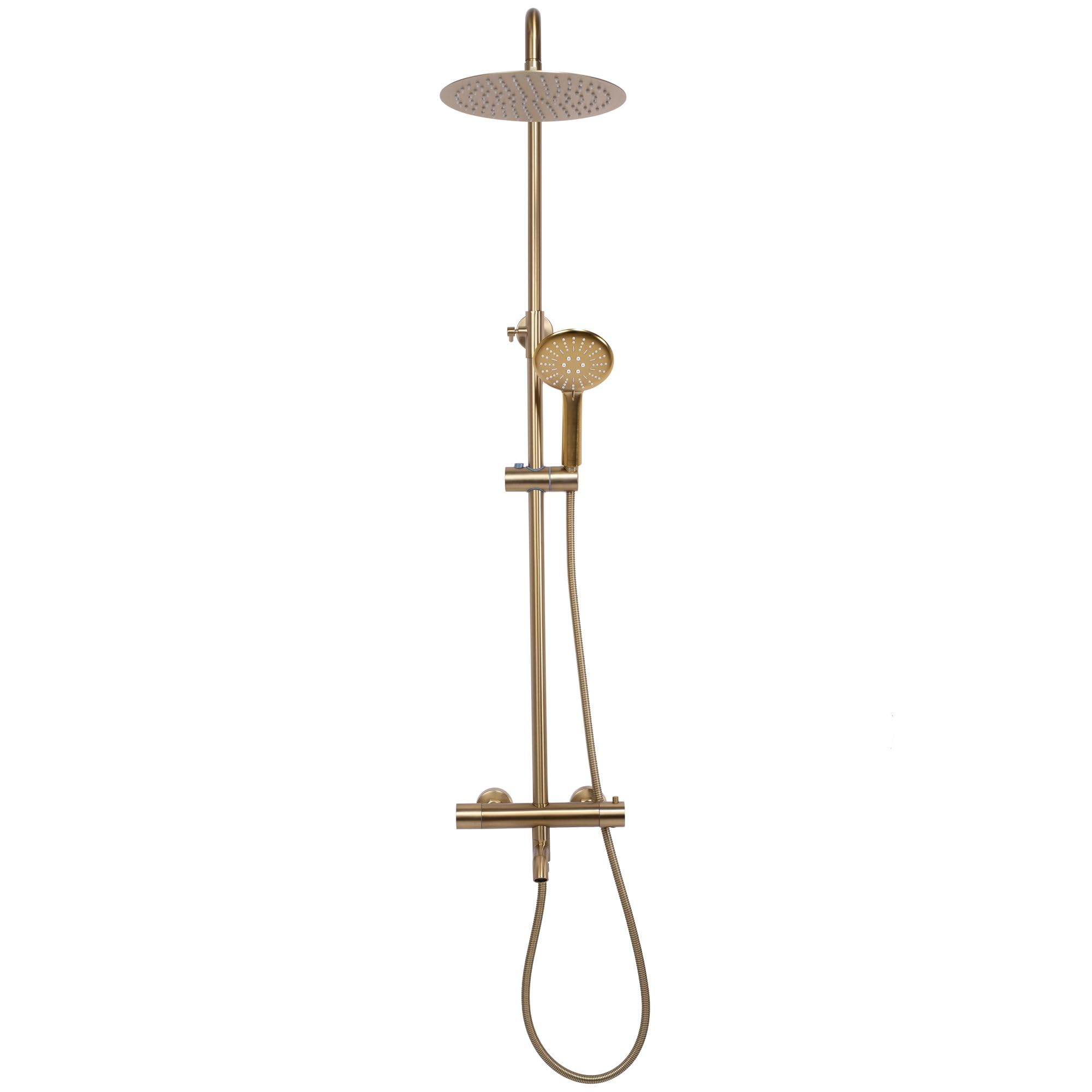 Rea - Colonna Doccia Con Termostato Lungo Gold Brush Sistema Doccia In Ottone Per Bagno (Oro) 45x26,5x117cm