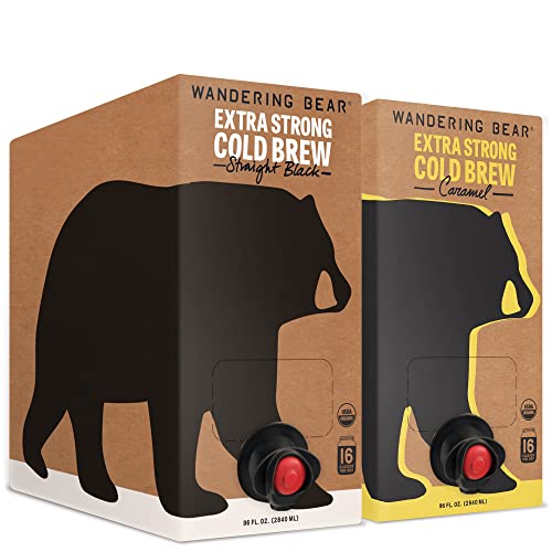 Wandering Bear Cold Brew Coffee, Straight Black & Caramel Bundle, 96oz, 2 pack - Organic, Smooth, Shelf-Stable, and Ready to Drink