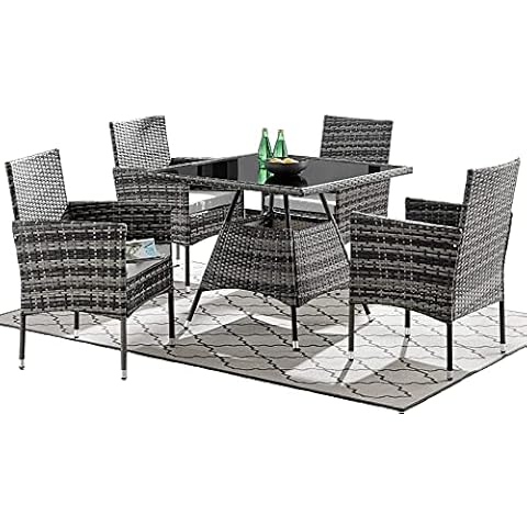 Esterno Living Seville 4 Seater Rattan Garden Bistro Patio Set Square Glass Table Grey Conservatory with Light Grey Cushions Compact Wicker Weatherproof Garden Set Seat. FREE RAIN COVER Cover