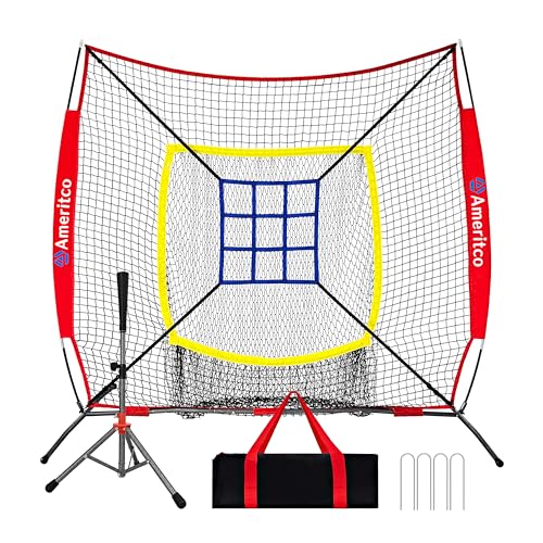 Ameritco Baseball Net7x7ft Baseball Practice Net with Tee and Target Large Pocket Sports net for Hitting/Batting/Pitching/Throwing Scratch Resistant Base Versatile Use for All Levels (Red)