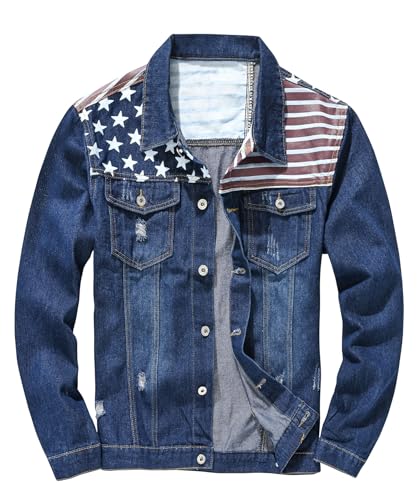 Idopy Men's American USA Flag Denim Jacket Distressed Ripped Jean Coat Outerwear Blue M