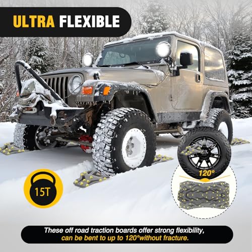Image of Nilight Recovery Off-Road Traction Boards 2Pcs 43 inchL x 13.3 inchW with Yellow Teeth for 4WD 4X4 Mud Sand Snow Includes 2PCS Mounting Kit & Carry Bag (Grey)