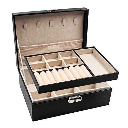 Ubitree Sieraden doos, Reis mini sieraden organisator Draagbare twee lagen display opbergdoos met slot voor ringen oorbellen ketting horloge, Geschenken voor vrouwen