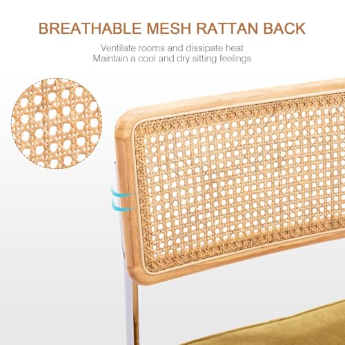 Image of Zesthouse Natural Rattan Counter Stools Set of 3, 26 inch Mid Century Modern Bar Stools with Solid Wood Frame & Chrome Base, Upholstered Velvet Counter Height Barstools for Kitchen Island, Yellow