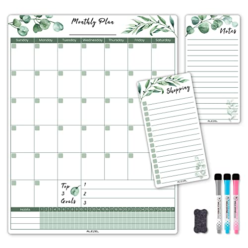 Alezel Magnetic Dry Erase Calendar For Fridge, Greenery Monthly Fridge Calendar Whiteboard Set - Vertical Monthly Calendar For Refrigerator, Grocery & To Do List White Board, 3 Markers + Eraser #TOP6