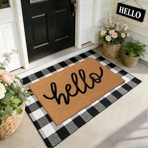 2 Pcs Welcome Door Mat Set Layered Hello Coir Doormat with Black and White Buffalo Plaid Mat Front Door Mats with Non-Slip TPR Backing Farmhouse Modern Door Decor for Porch Entryway Patio