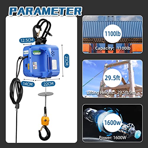 Mxmoonant Power Electric Hoist Pro, 29.5Ft Lifting Height, 1600W Portable Electric Winch, W/330Ft Wireless Remote Control & Pendant Controller, 1,100Lb Overhead Crane For Lifting Towing #TOP2