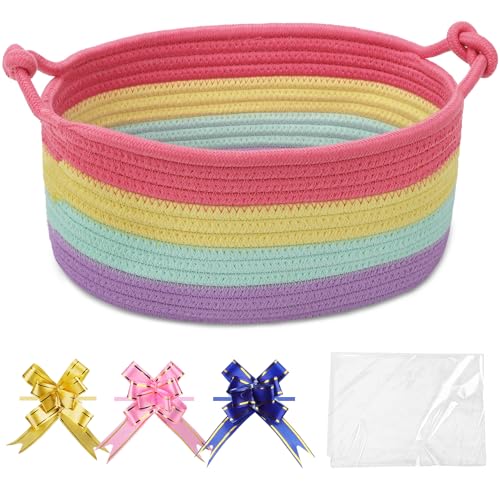 Image of COMSE Small Gift Basket Empty with Bag & Ribbons, Rainbow