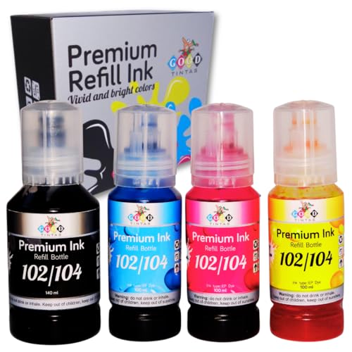 GOODTINTAS 102 104 Tinta Compatible con Epson Ecotank 102 104 (BK 140ML, CMY 100ML) Cartucho de Tinta para Impresora ET-1810 ET-2710 ET-2750 ET-2812 ET-2814 ET-2850 ET-3700 ET-3850 ET-4700 ET-4750