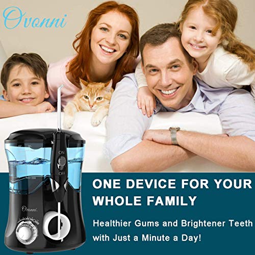 Water Flosser Teeth Cleaner, Ovonni Dental Electric Oral Irrigator with 8 Jet Tips For Braces, Implants, Bridges, 10 Pressure Settings and 600ML Capacity for Whole Family (Black)