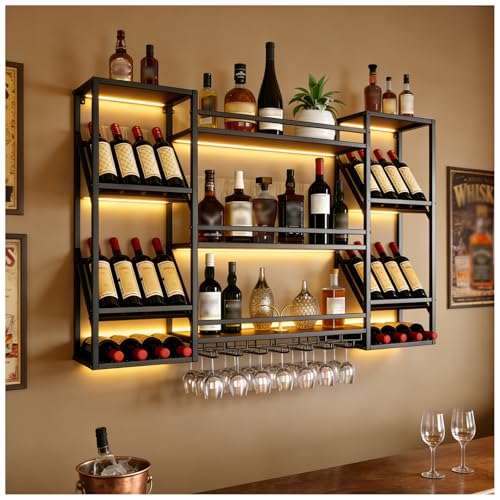 TAUODUYY Botellero de Pared Industrial, 4 Niveles Estante de Meta con Portavasos para Copas, Multifuncional Estante para Vino Apto para Bar Comedor Cocina (140cm)