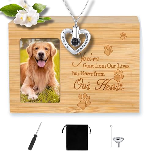 CEASELESLY Urnas para Mascotas+Collar de urna de cremación para Perro,Caja de Madera para Cenizas de Perros,ataúd de Recuerdo,Regalo conmemorativo,Soporte para Cenizas de Mascotas con Marco de Fotos