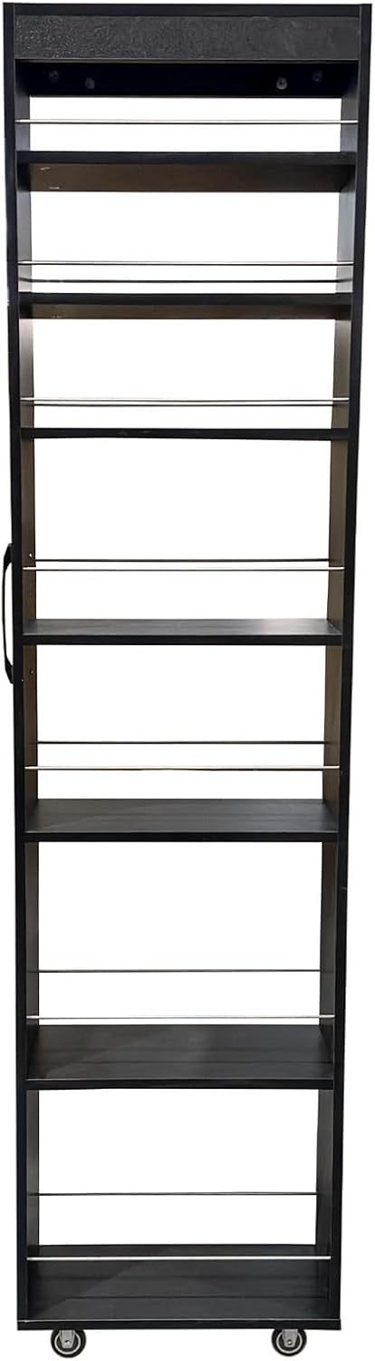 7 Tier Slim Pull Out Pantry Cabinet with Wheels, 7.8 Inch Narrow Kitchen Storage Organizer with Handle, Wooden Rolling Pantry for Next to Fridge, Small Space, Laundry Room (Black)