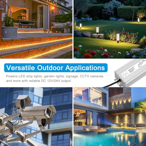 Image of 24V 280W LED Power Supply, IP67 Waterproof LED Driver, AC 110V to DC 24 Volt 11.7A Converter, Outdoor Low Voltage Transformer for LED Strip Light, Landscape Lighting, 3-Prong Plug with 3.3 FT Cable