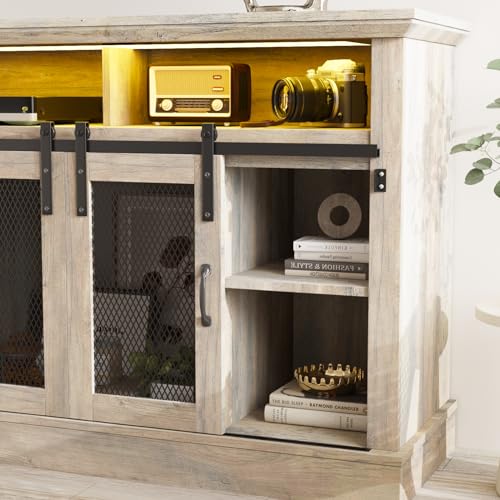 Image of Vabches Farmhouse TV Stand for TVs Up to 55 Inches, Entertainment Center with LED Lights, Modern Media Console Table with Sliding Barn Door, Grey