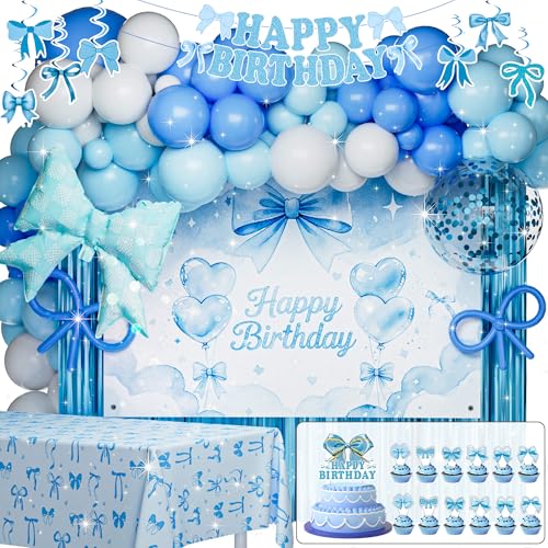 189pcs Blue Bow Coquette Birthday Decorations Soft Blue Aesthetic Party Set with Banner Backdrop Foil Balloons Table Cloth Fringe Curtain Hanging Swirls Cake Topper, Dreamy Romantic Decor Supplies