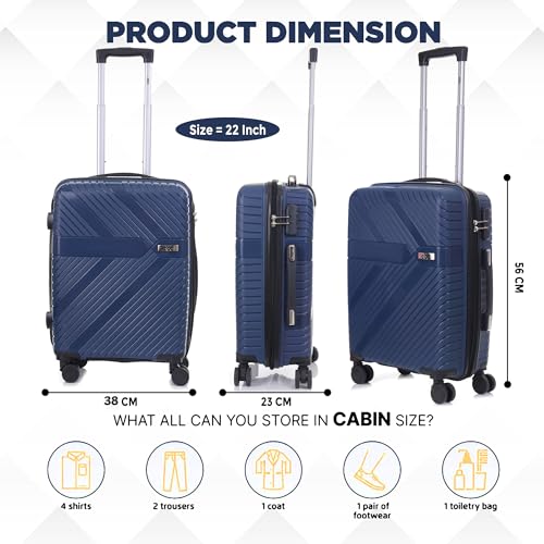 Image of abc Wisdom Cabin 55 Cm(Small) Polypropylene (Pp) 360 Degree 8 Wheels Spinner Luggage /Suitcase /Trolley Bag for Travel Hard Case Luggage, Lightweight with Combination Lock, 7 Years Warrnty (Navy Blue)