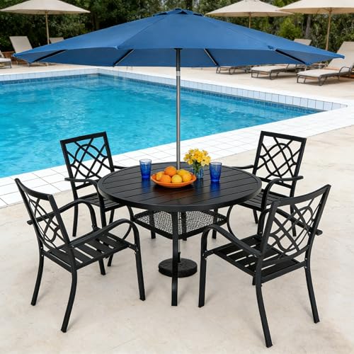 Image of SUNCROWN 6-Piece Outdoor Wrought Iron Chairs and Table Patio Dining Furniture Set - 4 Stackable Metal Chairs, 1 42 inch Round Bistro Table and 1 Dark Blue 9Ft Patio Umbrella for Garden Backyard Deck