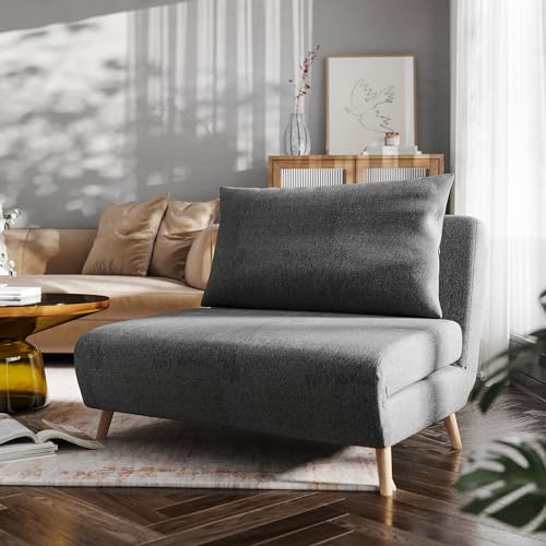 EMMA + OLIVER Stillwell 3-in-1 Convertible Sleeper Chair with Hideaway Legs and Pillow in Channel Stitched Dark Gray Fabric Upholstery