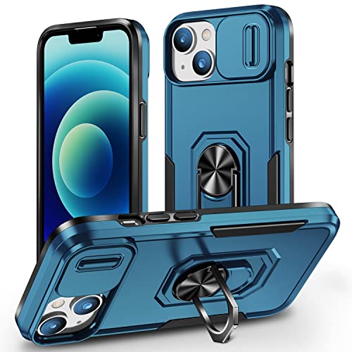 Image of Polycarbonate Back Cover Case Compatible for Apple iPhone 15 Plus with Slide Camera Cover & Rotated Ring Stand | Military Grade Mobile Phone Cover Case for Apple iPhone 15 Plus (Blue)