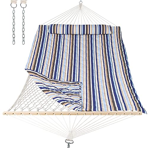 Image of ANOW Double Rope Hammock with Quilted Hammock Pad and Pillow, Blue Seaside
