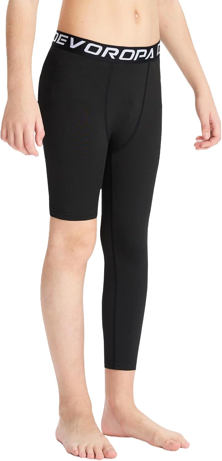 DEVOROPA Youth Boys One Leg Compression Pants for Basketball 3/4 Leggings Sports Tights Kids Athletic Soccer Base Layer
