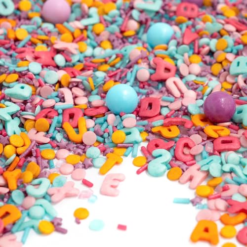 Super Streusel WerWieWas essbare ABC Buchstaben Dekoration für Kuchen & Tortendeko Cupcakes & Muffins zur Einschulung Schulbeginn Kita Abschluss (90g)