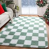KICMOR 4x6 Rug for Bedroom Living Room, Fluffy Sage Green and White Checkered Area Rugs, Fuzzy Shag Shaggy Floor Carpet Soft Plush Checkerboard Rug for Children Kids Boys Room, Nursery, Classroom