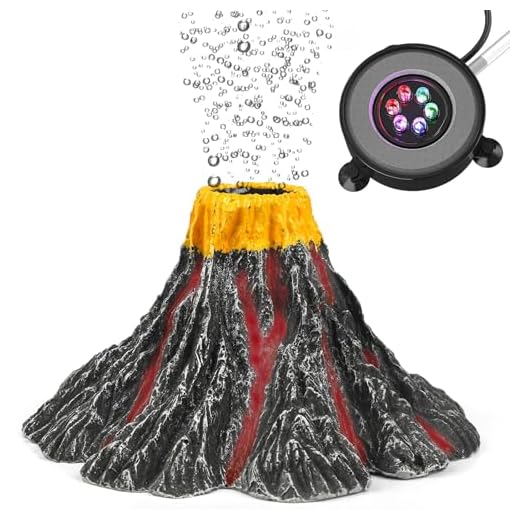Uniclife Aquarium Volcano Ornament Kit Realistic Resin Volcanic Decoration with Air Stone Bubbler Colorful LED Light Decor for Fish Tank Landscape Addition and Oxygenation