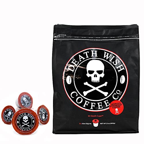 Death Wish Coffee Single Serve Pods - Extra Kick of Caffeine - Dark Roast Coffee Pods - Made with USDA Certified Organic, Fair Trade, Arabica and Robusta Beans (50 Count)