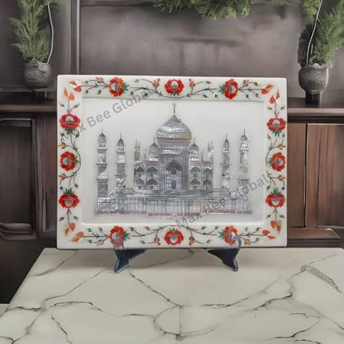 Max Bee Handcrafted Marble Plate with Intricate Inlay Artwork made with Carnelian semi-precious gemstone Elegant Home Decor