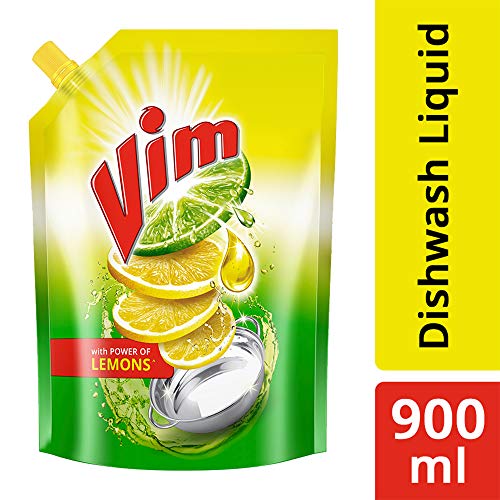 Image of VIM Dishwash Liquid Gel Lemon, With Lemon Fragrance, Leaves No Residue, Grease Cleaner For All Utensils, 900 Ml Refill Pouch, Antismell With Pudina, Pack Of 5