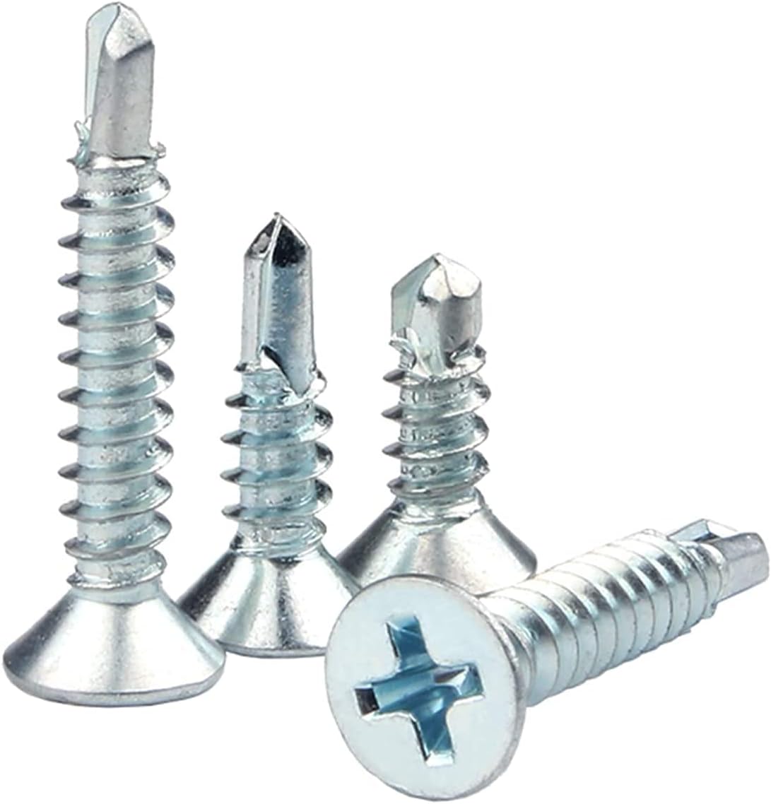 PERCTWARE 100pcs 4.2*19mm Self Drilling Screws, Cross Countersunk, Zinc Plated Iron, Carbon Steel, Phillips Drive