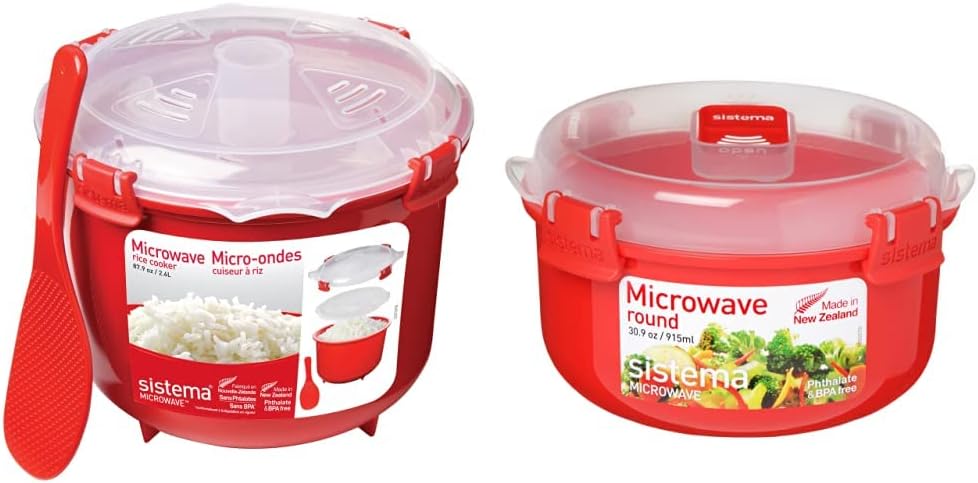 SistemaMicrowave Rice Cooker | 2.6 L | Dishwasher Safe Small Rice Cooker | BPA-Free | Red & Microwave Round Bowl | Microwave Food Container | 915 ml | BPA-Free | Red/Clear