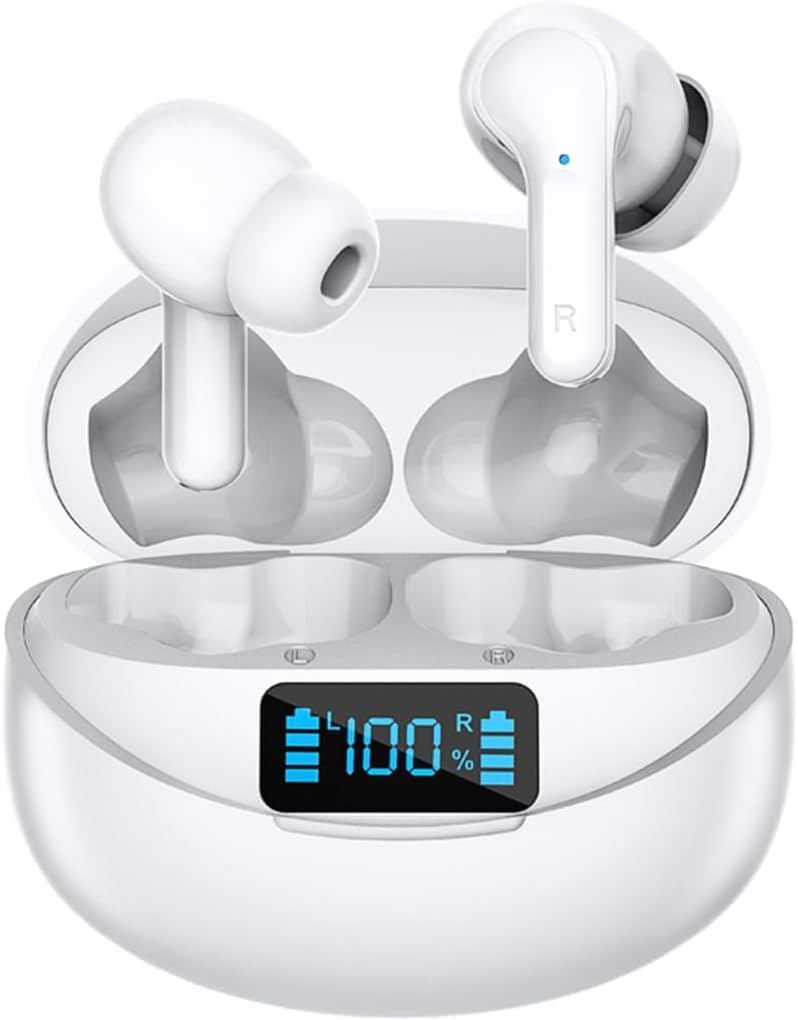 Bluetooth Headphones in-Ear Wireless Earbuds Stereo Low Latency in-Ear Sports Headphones, Intelligent Noise Cancellation, Digital Display Charging Compartment for Gaming Travel, White