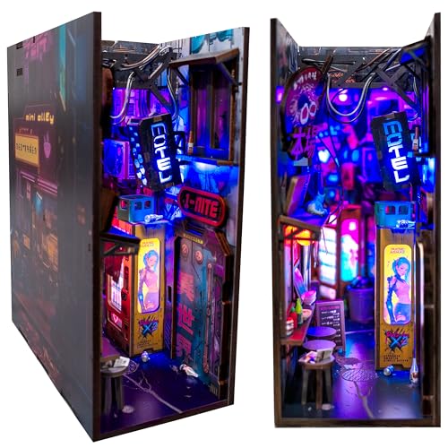 Neo Ramen MiniAlley DIY Cyberpunk Book Nook Kit – Wooden Diorama with Neon Lights, Futuristic Ramen Shop & Endless Alley Illusion – Unique Collectible Display for Bookshelf or Desk
