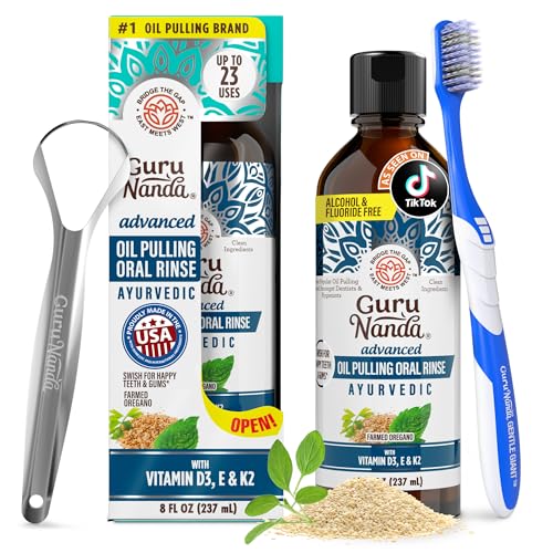 GuruNanda Advanced Oil Pulling Mouthwash for Enhanced Oral Care with Sesame & Oregano Oil, Promotes Deep Cleaning for Healthy Teeth & Gums, with Toothbrush and Tongue Scraper, Alcohol-Free, 8 Oz