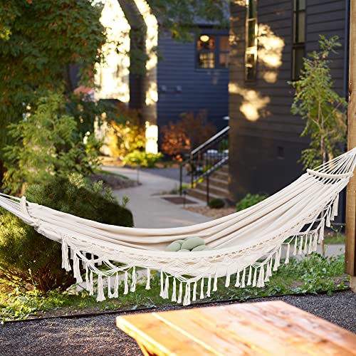 Oriolus Double Boho Macrame Hammock With Spreader Bar And Tassels Heavy Duty Indoor Outdoor 2 Person Hammock For Bedroom Patio Porch Backyard Max Load Upto 350 Lbs, Cream #TOP5
