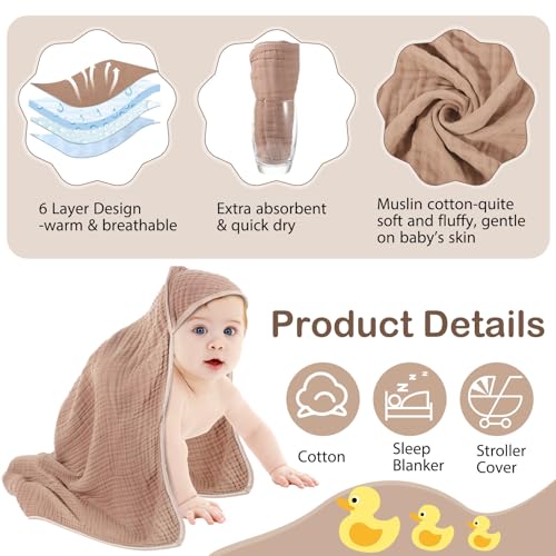 Image of Peryiter 6 Pcs Muslin Hooded Baby Towels, 32 inchx 32 inch Cotton Newborn Bath Towel Muslin Infant Baby Blankets Absorbent Unisex Newborn Registry Gift Essentials for Girls Boys (Elegant Color)