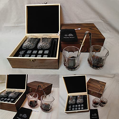 2 peças de copos de uísque com conjuntos de pedras reutilizáveis de uísque – caixa de madeira com pe