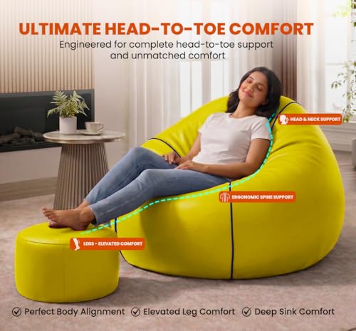 Image of Sattva Piping 4XL Sofa Style Bean Bag Chair with Beans Filled | Faux Leather Bin Bags Sofa Combo with Footstool & Cushion | Large Beanbags for Adults, Teens & Home - Yellow with Navy Blue Piping