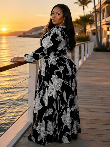 Image of PinkPatty Women's Long Sleeve Maxi Dress Plus Size Trendy Wedding Guest Wrap Dress with Pockets&Belt